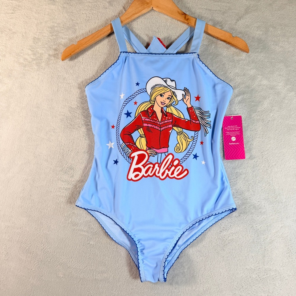 Barbie Swimsuit Girls 10/12 Blue New Western Cowgirl Star Ruffle One Piece